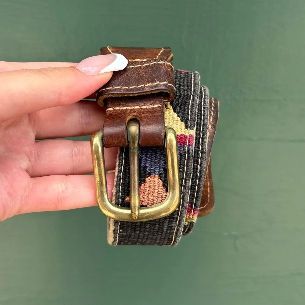 Mens Vintage Western Woven Mayan Textile Leather Belt Brass Buckle Preppy Gorp